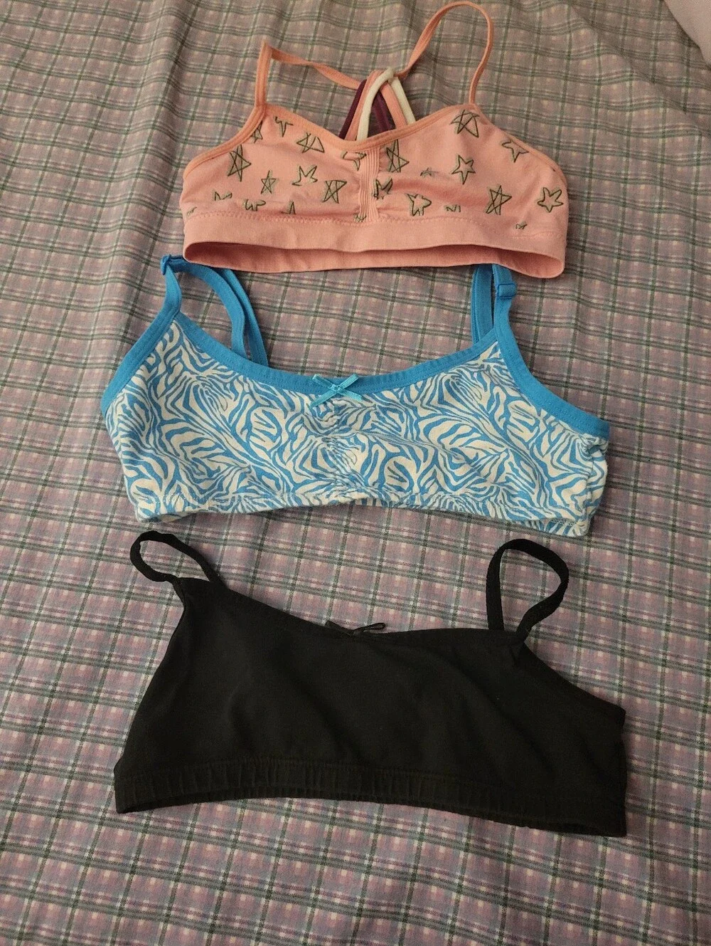 Girls' Cotton Bralette Pack - Pink, Blue & Black Size Small